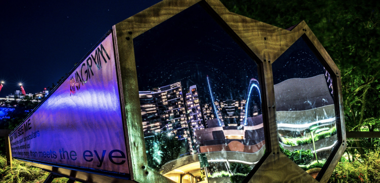 Large interactive binocular sculpture installed in Stratford-upon-Avon for public art project Now You See Me and in Brisbane Australia