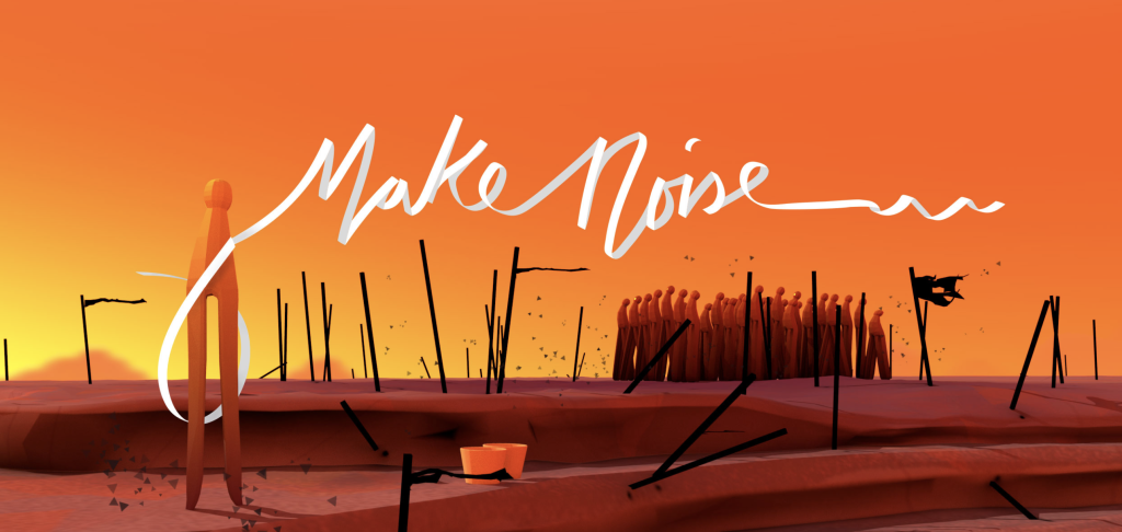 Abstract orange immersive environment with silhouetted structures, representing a stage of the Suffragette-inspired ‘Make Noise’ voice-driven experi
